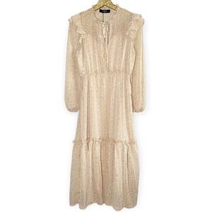 O.P.T Dress Floral Tiered Midi Neutral Chiffon Beige Gold Prairie Dress